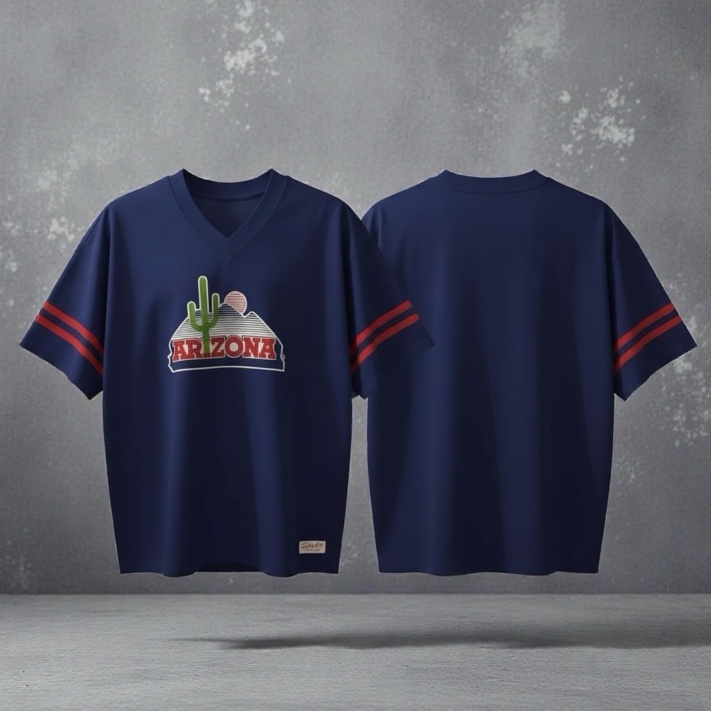 Mitchell & Ness Arizona Graphic Jersey T-Shirt Navy Blue V-Neck Varsity Tee - Picture 2 of 2